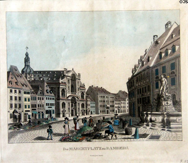 View of Marketplace of Bamberg graphic (c1835) by Konrad Riedel? at Bamberg City Museum. Bamberg, Germany.