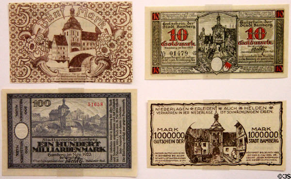 Banknotes with view of Bamberg old city hall (1918-1923) with inflation values from 5 Marks to 100 billion Marks at Bamberg City Museum. Bamberg, Germany.