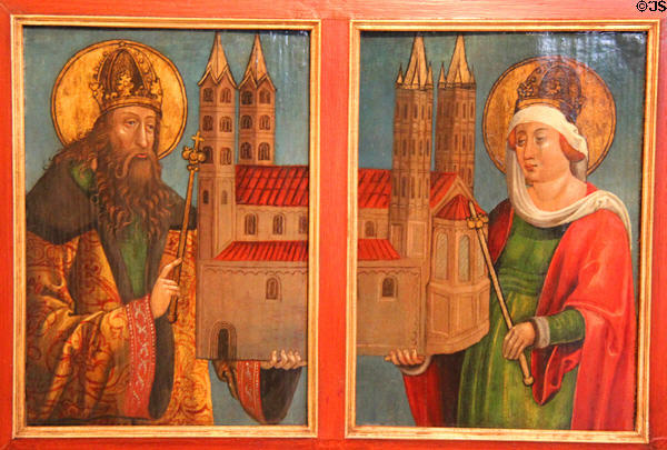 Kaiser Heinrich II & Kaiserin Kunigunde with model of Bamberg Cathedral painting (c1500) from Franconia at Bamberg City Museum. Bamberg, Germany.