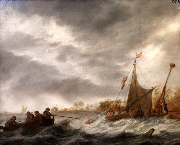 Stormy Sea with Stranded Ship & Rescue Boat painting (2nd half 17thC) by Jan van Goyen at Bamberg City Museum. Bamberg, Germany.