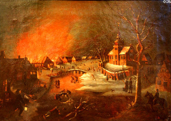 Village in Winter with Burning Houses painting (2nd half 18thC) by Karl Sebastian von Bemmel at Bamberg City Museum. Bamberg, Germany.