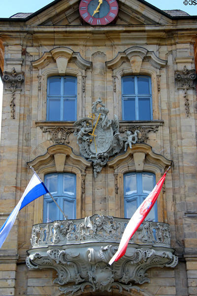 Rococo balcony & coat of arms relief on Bamberg Old Town Hall tower (c1750s) by Jos. Bonaventura Mutschele. Bamberg, Germany.