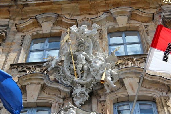 Rococo coat of arms relief on Bamberg Old Town Hall tower (c1750s) by Jos. Bonaventura Mutschele. Bamberg, Germany.