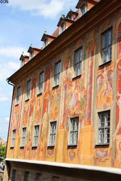Detail of Rococo mural (1755) by Johann Anwander on western facade of Bamberg Old Town Hall. Bamberg, Germany.