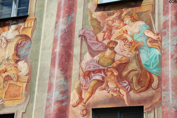 Germanicised Neoclassical figures of Rococo mural (1755) by Johann Anwander on Bamberg Old Town Hall. Bamberg, Germany.