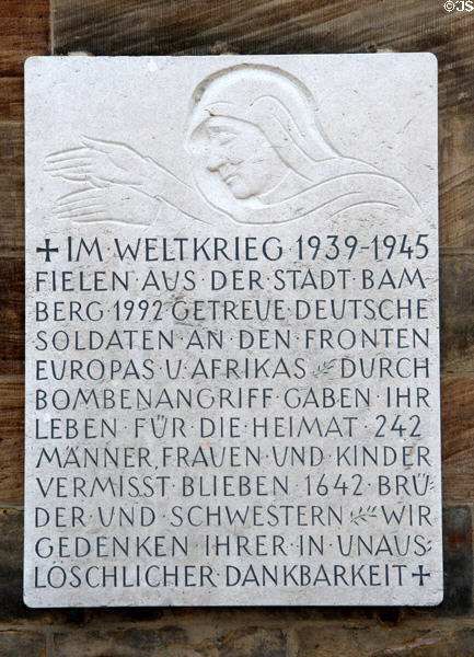 Memorial plaque on Bamberg Old Town Hall to Bamberg citizens & soldiers who died in WWII. Bamberg, Germany.