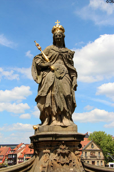 Copy of Empress Kunigund, co-founder of the Bamberg diocese, statue (1750) by Johann Peter Benkert on island of Bamberg Old Town Hall. Bamberg, Germany.