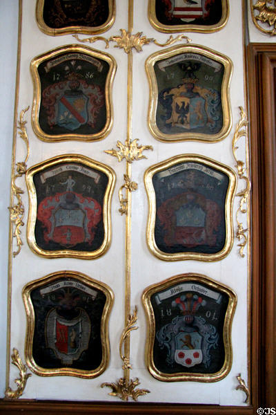 Council member coat of arms paintings (1790s-1800s) in Bamberg Old Town Hall Rococo meeting room. Bamberg, Germany.