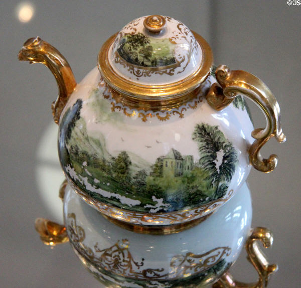 Meissen porcelain teapot with landscape (c1730) by Johann Jacob Irminger at Bamberg Old Town Hall Museum of Faience & Porcelain. Bamberg, Germany.