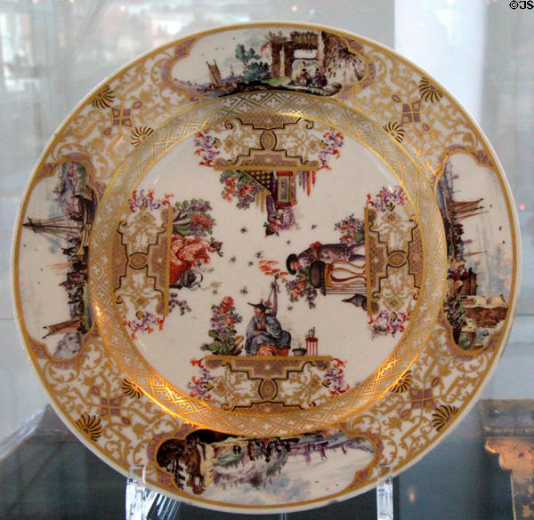 Meissen porcelain plate with Chinese & European trading trip scenes (c1735) painted by Höroldt Workshop at Bamberg Old Town Hall Museum of Faience & Porcelain. Bamberg, Germany.