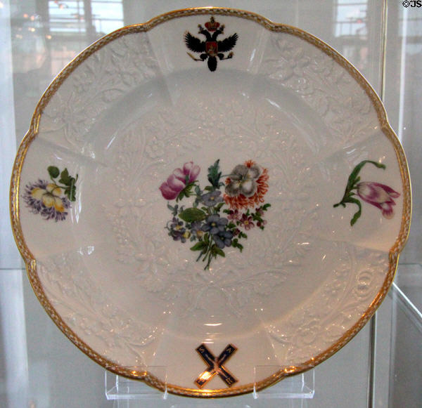 Meissen porcelain plate from St Andrews Cross service (c1745) at Bamberg Old Town Hall Museum of Faience & Porcelain. Bamberg, Germany.