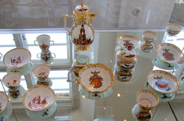 Meissen porcelain services from German Electors (1730s-50s) & with papal coat of arms (1742) at Bamberg Old Town Hall Museum of Faience & Porcelain. Bamberg, Germany.