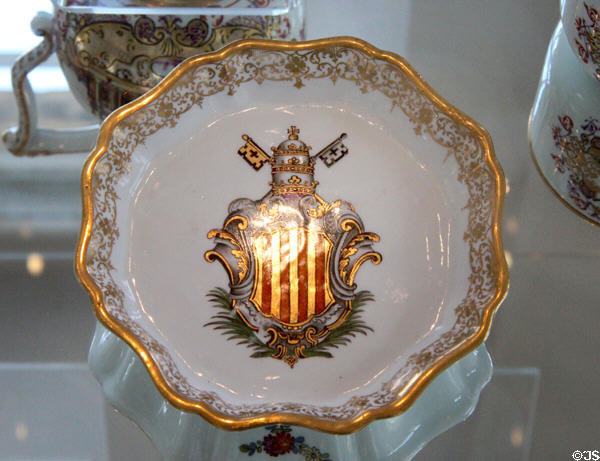 Meissen porcelain plate with papal coat of arms (c1742) at Bamberg Old Town Hall Museum of Faience & Porcelain. Bamberg, Germany.