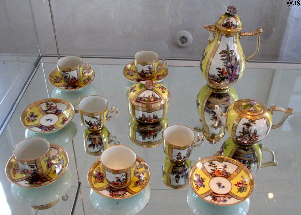 Meissen porcelain coffee & tea service (c1750) with scenes after Antoine Watteau at Bamberg Old Town Hall Museum of Faience & Porcelain. Bamberg, Germany.