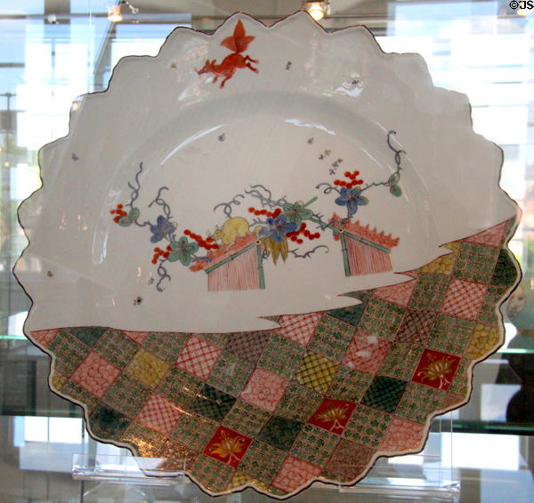 Meissen porcelain plate with painted checkerboard pattern & flying squirrels (c1740) at Bamberg Old Town Hall Museum of Faience & Porcelain. Bamberg, Germany.