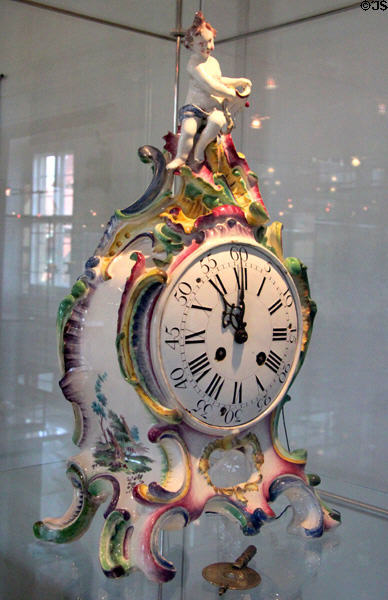 Faience table clock (c1745-54) by Paul Hannong of Strasbourg, France at Bamberg Old Town Hall Museum of Faience & Porcelain. Bamberg, Germany.