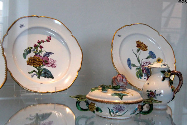 Faience plates & serving dishes (c1748-53) by Paul Hannong of Strasbourg, France at Bamberg Old Town Hall Museum of Faience & Porcelain. Bamberg, Germany.