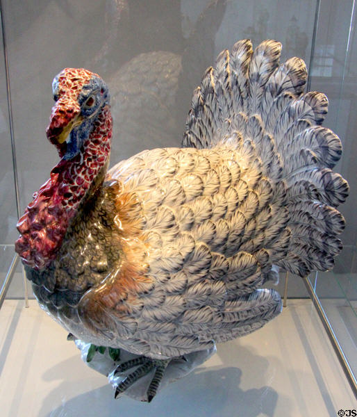 Faience tureen in shape of turkey (c1745-54) by Paul Hannong of Strasbourg, France at Bamberg Old Town Hall Museum of Faience & Porcelain. Bamberg, Germany.