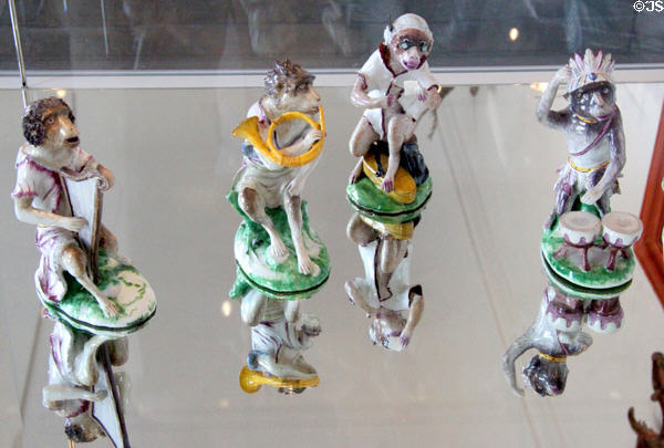 Faience ape orchestra figures (c1745-54) by Paul Hannong of Strasbourg, France at Bamberg Old Town Hall Museum of Faience & Porcelain. Bamberg, Germany.