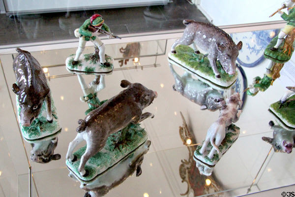 Faience wild boar hunt figures (c1745-54) by Paul Hannong of Strasbourg, France at Bamberg Old Town Hall Museum of Faience & Porcelain. Bamberg, Germany.