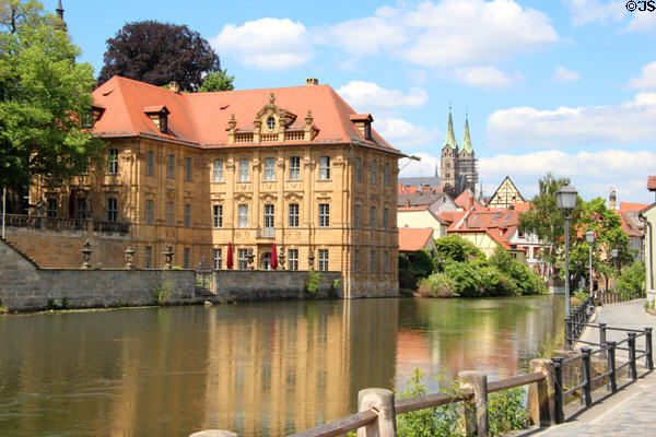 Concordia palace over canal traversing Bamberg. Bamberg, Germany.