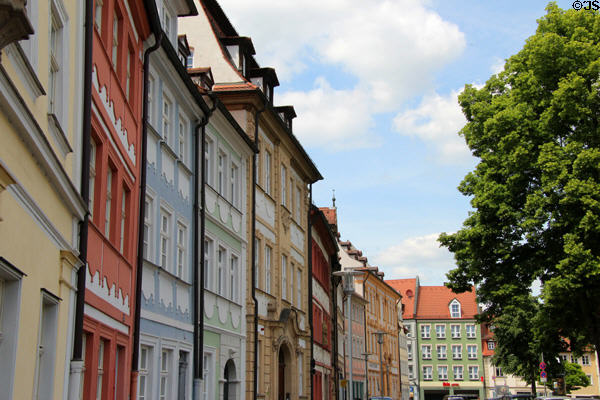 Streetscape of colorful houses along E.T.A.-Hoffmann-Platz. Bamberg, Germany.