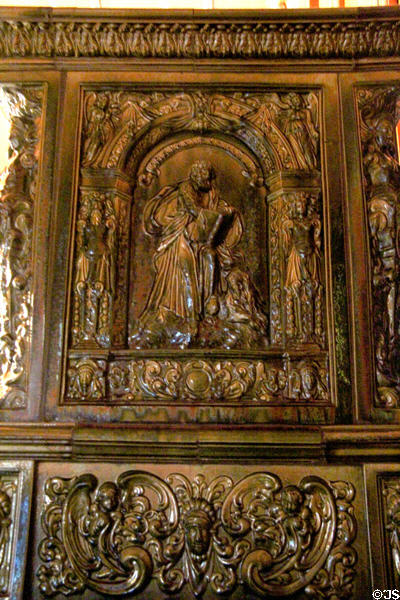 St Mark Evangelist panel on ceramic stove (late 19thC) by Grossmann Co. of Nuremberg or Coburg at Coburg Castle. Coburg, Germany.