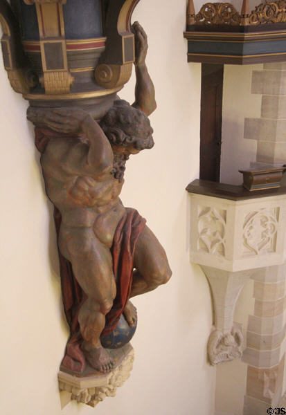 Carved Atlas support for organ in Luther chapel (1909-13) at Coburg Castle. Coburg, Germany.