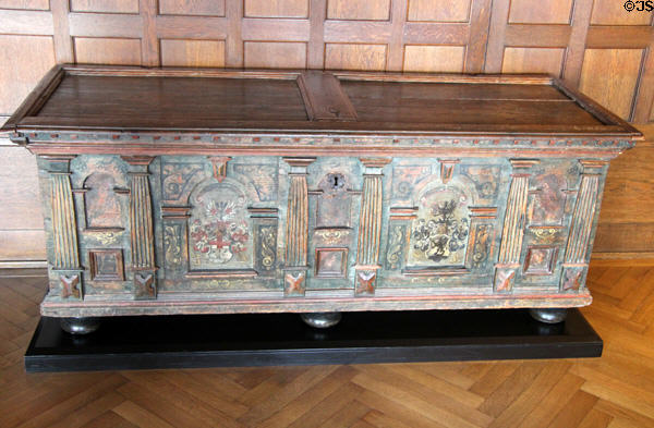 Painted wedding chest (1625) from Itzgrund? In Cranach room at Coburg Castle. Coburg, Germany.