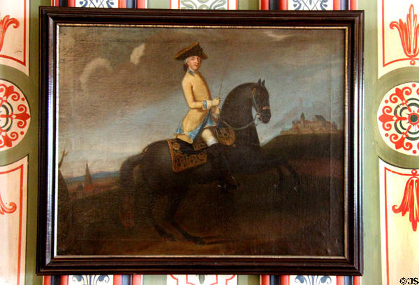 Prince Friedrich Josias of Saxe-Coburg-Saalfeld on horseback in front of Vest Coburg painting (late 18thC) by unknown at Coburg Castle. Coburg, Germany.