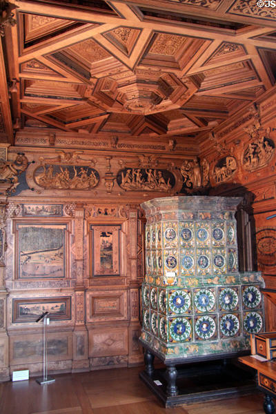 Intarsia Hunting Room (paneled with mosaics made of wood before 1633) by Wolfgang Birkner & moved to Coburg Castle in 1809. Coburg, Germany.