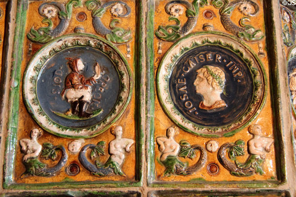Details oft tiles on stove (c1540) by SRB of Nuremburg in Intarsia Room at Coburg Castle. Coburg, Germany.