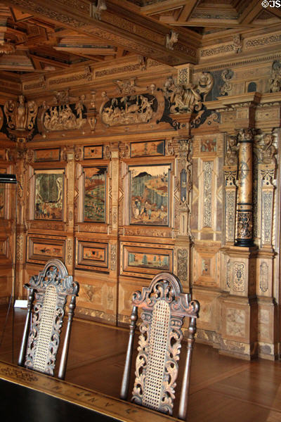 Intarsia Hunting Room panels with wood mosaics (before 1633) by Wolfgang Birkner at Coburg Castle. Coburg, Germany.