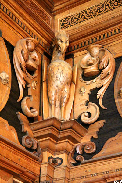 Bird carved in Intarsia Hunting Room at Coburg Castle. Coburg, Germany.