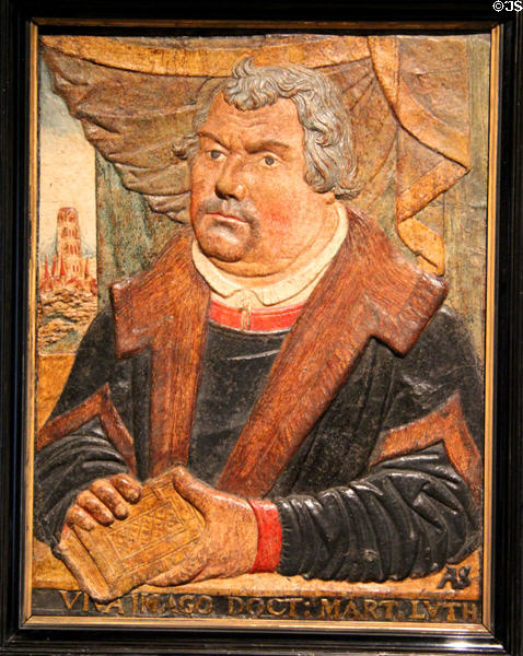 Painted wood carved portrait of Martin Luther (c1552-71) by Albert von Soest at Coburg Castle. Coburg, Germany.