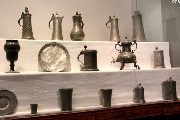 Collection of tin & pewter early German vessels at Coburg Castle. Coburg, Germany.
