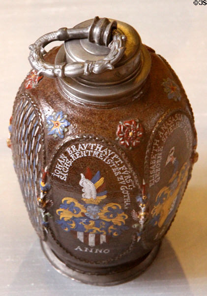 Medal screw-top stoneware bottle (1651) with coat of arms of Johann Brauthaupt & his wife at Coburg Castle. Coburg, Germany.