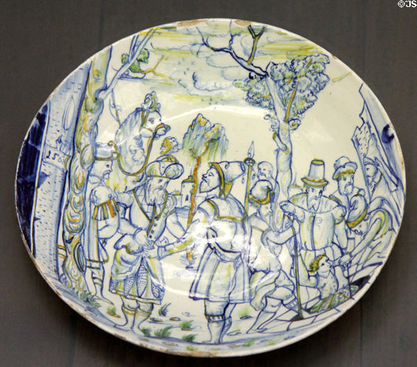 Faience plate (1568) painted with Old Testament story of sale of Joseph by his brother made in southern Germany at Coburg Castle. Coburg, Germany.