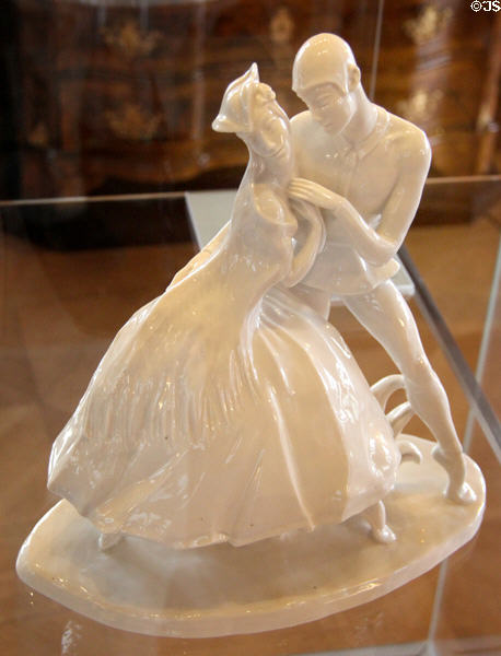 Jugend stil Harlequin & Colombine porcelain figurine (c1929) by C. Selmair for Schwarzburger Workshop at Coburg Castle. Coburg, Germany.