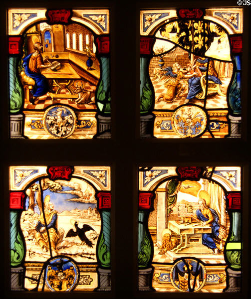 Stained glass windows with scenes of four Evangelists at Coburg Castle. Coburg, Germany.
