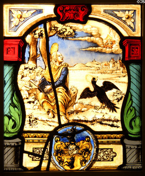 Evangelist John with eagle attribute stained glass scene (early 17thC) prob. Nuremberg at Coburg Castle. Coburg, Germany.