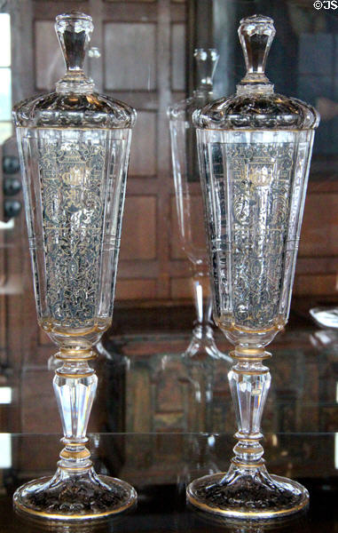 Pair of engraved glass covered goblets (Pokals) at Coburg Castle. Coburg, Germany.