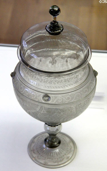 Engraved glass standing cup & cover (3rd quarter 16thC) from Innsbruck or Hall/Tirol at Coburg Castle. Coburg, Germany.