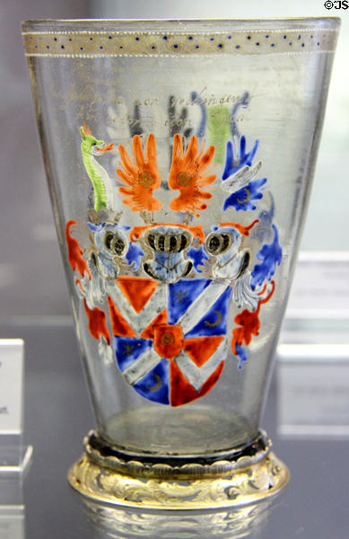 Back side of footed glass beaker with family shields of Daniel von Rechlingen & Pollixena von Cononi (c1570-80) from Hall/Tirol? at Coburg Castle. Coburg, Germany.