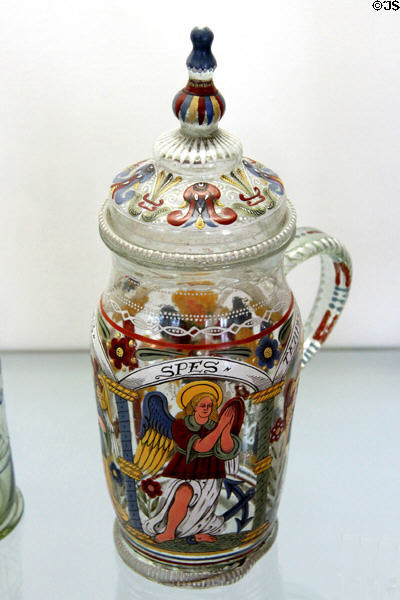 Covered glass jug enameled with four virtues (1641) from Franconia at Coburg Castle. Coburg, Germany.