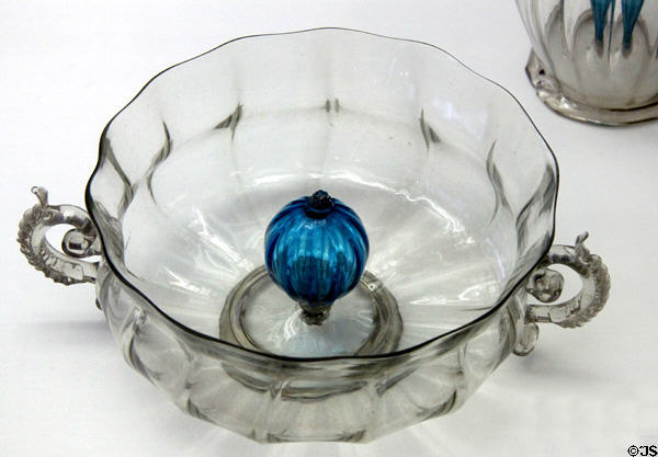 Glass bowl with blue bulb in center (2nd half 17thC) from Venice at Coburg Castle. Coburg, Germany.