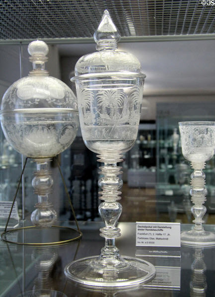 Glass covered goblets (Pokals) engraved with merchant ships (2nd half 17thC) from Frankfurt? at Coburg Castle. Coburg, Germany.
