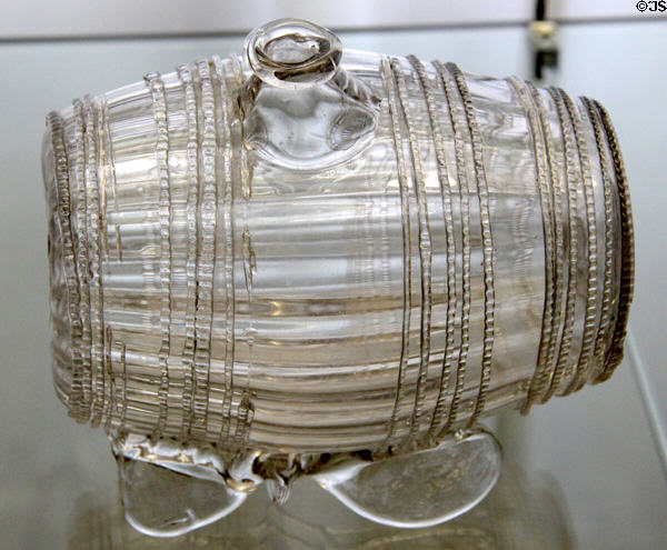 Clear glass vessel shaped like keg with twisted spiral threads (18thC) from Germany at Coburg Castle. Coburg, Germany.