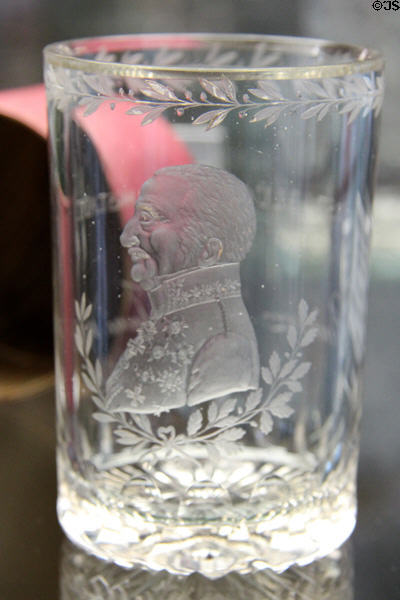 Glass beaker engraved with portrait of General Field Marshall Gebhard Leberecht von Blücher hero of Waterloo (1816) from northern Bohemia at Coburg Castle. Coburg, Germany.