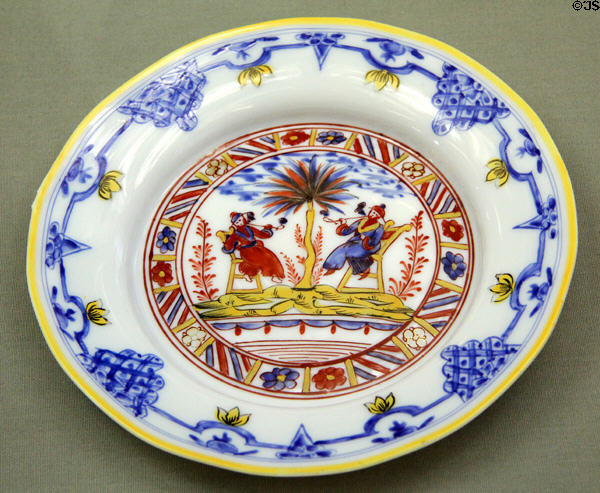 Milkglass plate enameled with Chinese scene & floral ornaments (1st half 18thC) from Germany at Coburg Castle. Coburg, Germany.